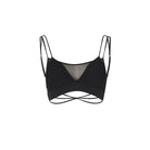 Black mesh panel Latin dance bra top, flat lay