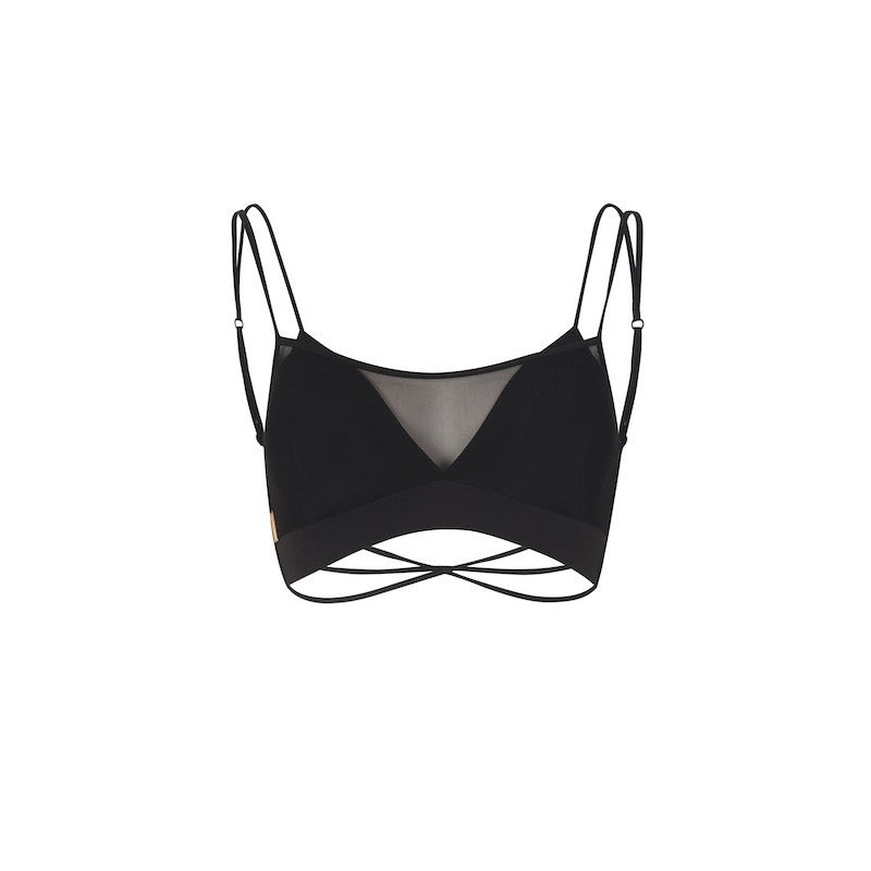 Black mesh panel Latin dance bra top, flat lay