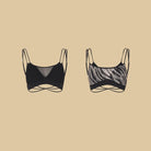 Black, Zebra mesh panel Latin dance bra top, flat lay of both colours