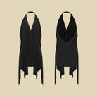Black halter drape Latin dance tunic top, flat lay front and back
