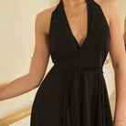 Black halter drape tunic top, front close-up