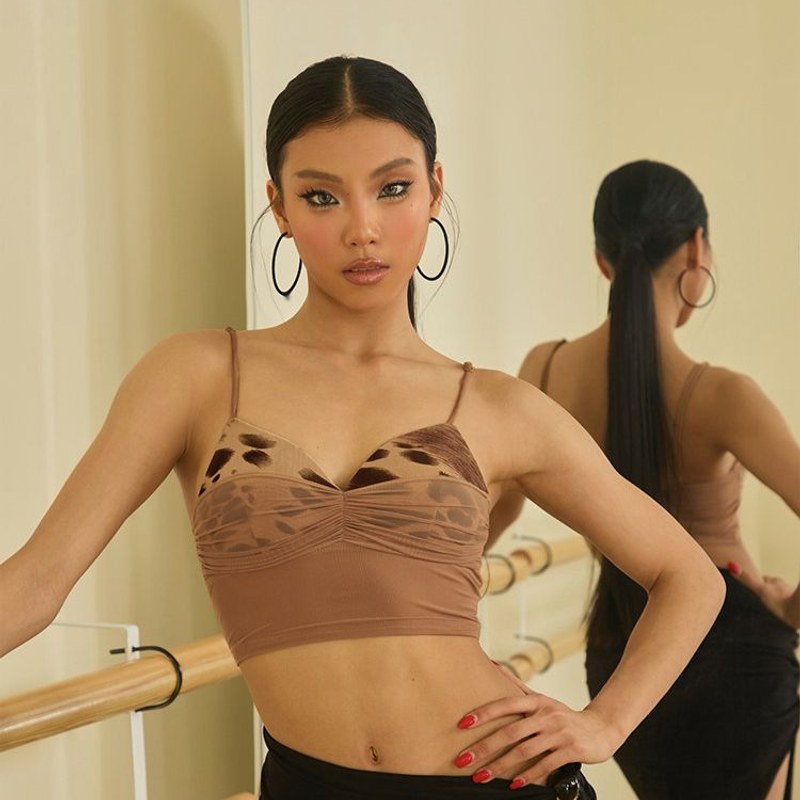 Nude leopard trim cami Latin dance top for Latin practice, front view