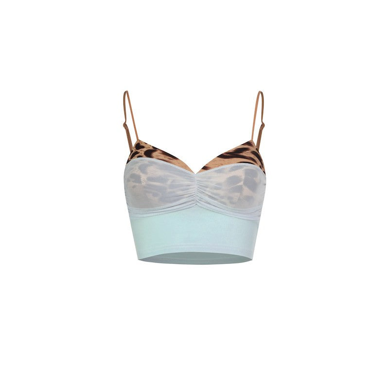 Mint leopard trim cami Latin dance top, flat lay