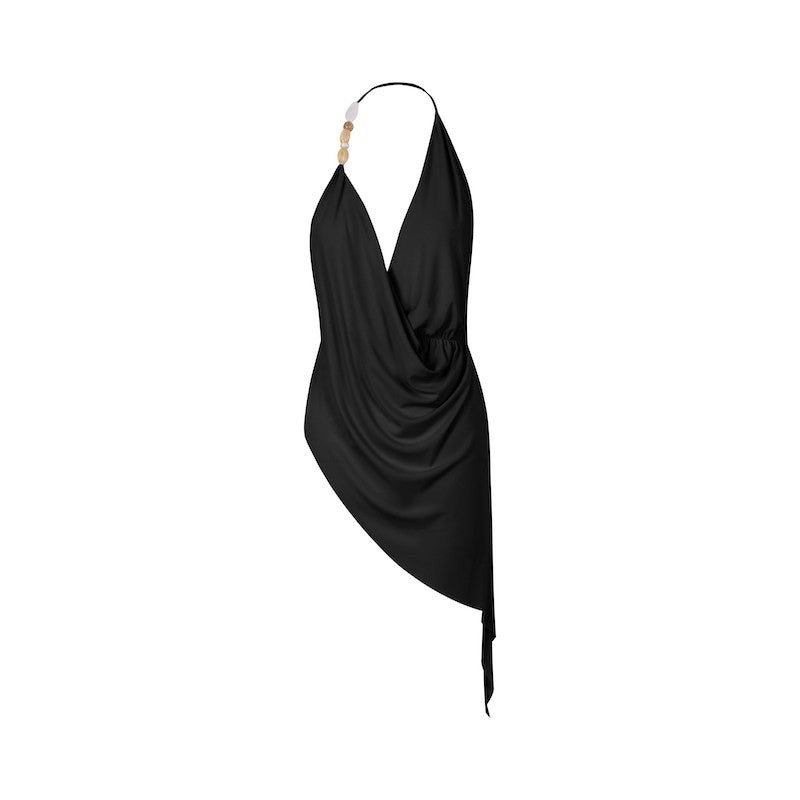 Black cowl neck halter Latin dance top, flat lay