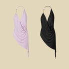 Lilac, Black cowl neck halter Latin dance top, flat lay of both colours