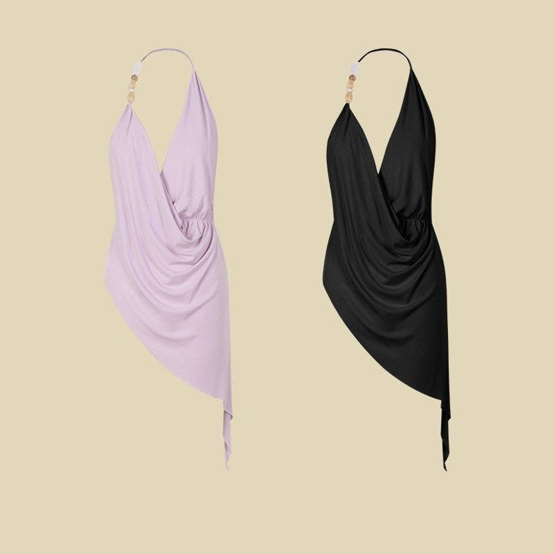 Lilac, Black cowl neck halter Latin dance top, flat lay of both colours