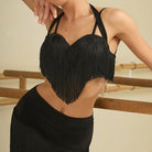 Black fringe halter Latin dance top for Latin practice, front view