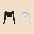 Black, White lace trim long sleeve Latin dance crop top, flat lay of both colours