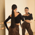 Black lace trim long sleeve crop top, back and front view