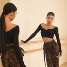 Black lace trim long sleeve crop top, side and front view