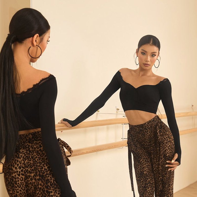 Black lace trim long sleeve crop top, side and front view