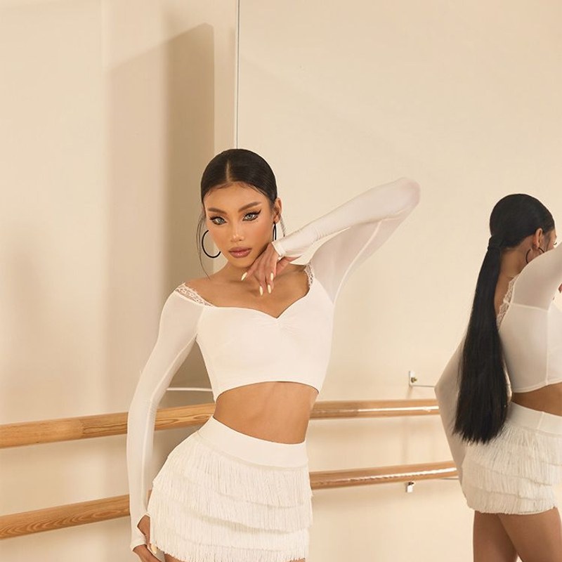 White lace trim long sleeve crop top, front view in the mirror