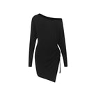 Black one shoulder long sleeve dance tunic top, flat lay