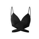 Black wrap front Latin dance bra top, flat lay