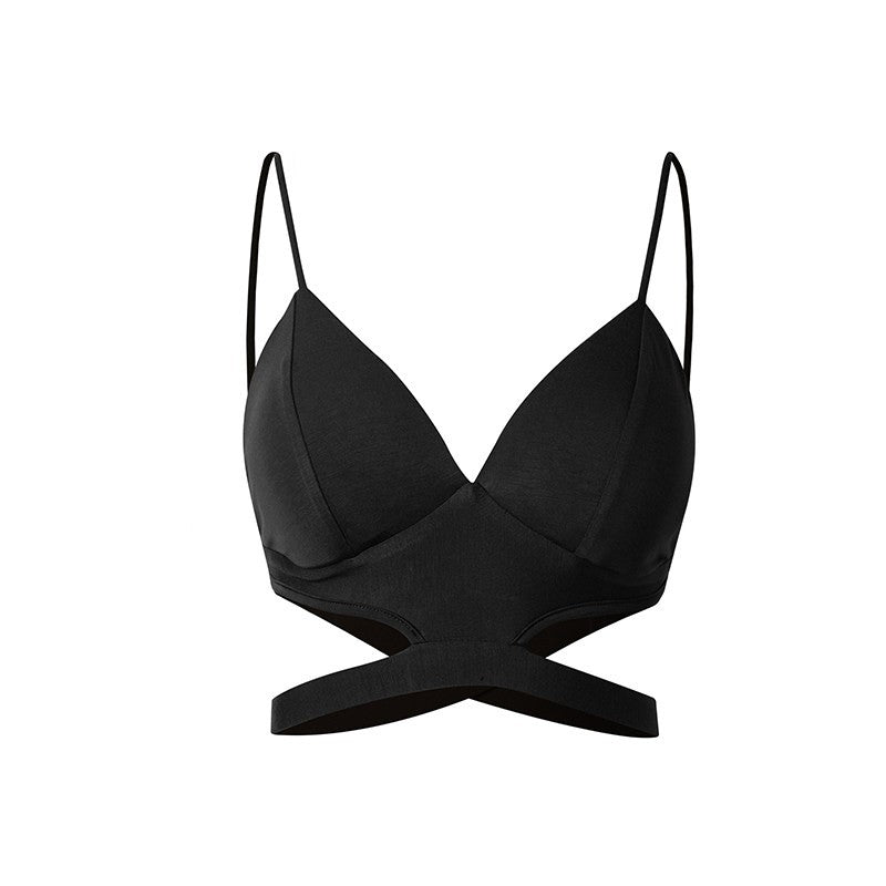 Black wrap front Latin dance bra top, flat lay