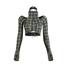 Plaid mock neck long sleeve Latin dance crop top, flat lay