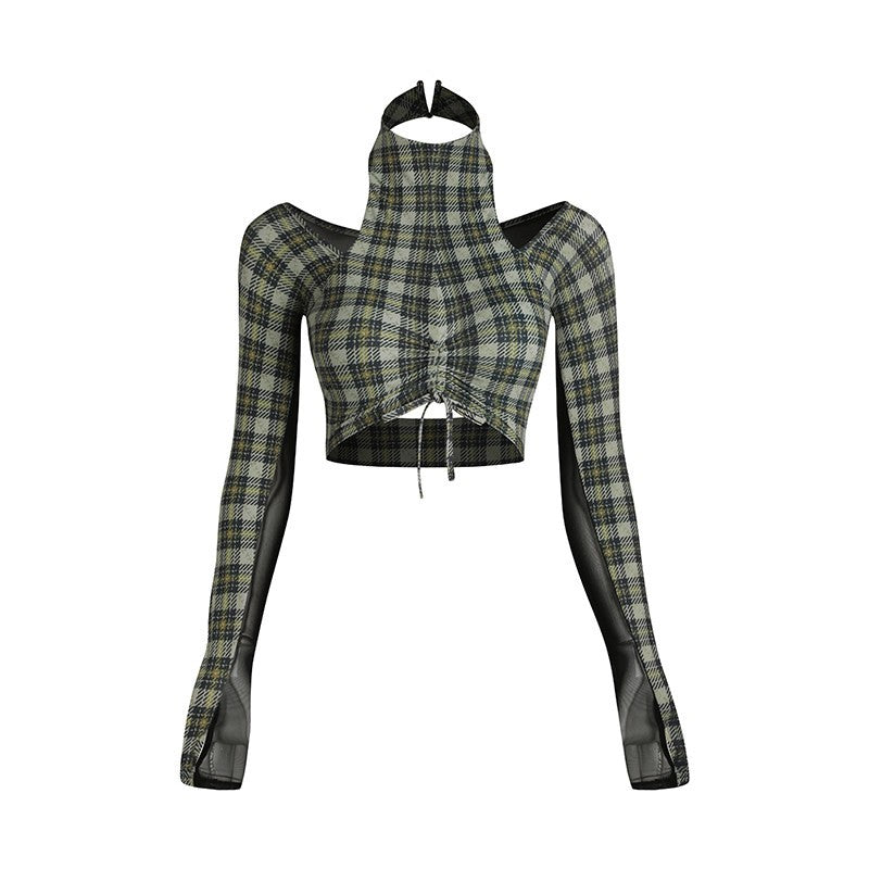 Plaid mock neck long sleeve Latin dance crop top, flat lay