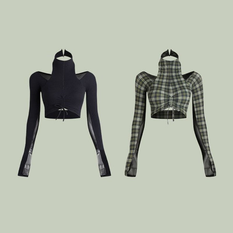Black, Plaid mock neck long sleeve Latin dance crop top, flat lay of both colours