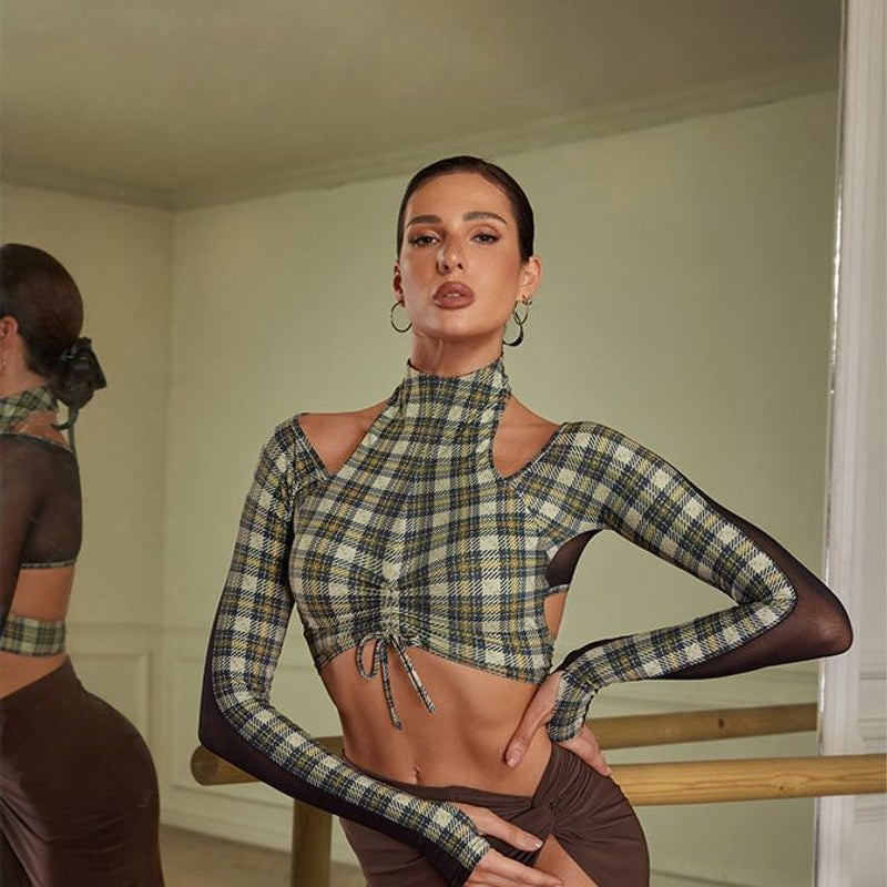 Plaid mock neck long sleeve crop top, front view