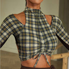 Plaid mock neck long sleeve crop top, front close-up of the drawstring