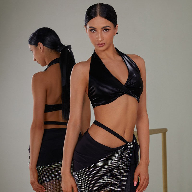 Black twist front halter top, front view at the barre