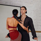 Burgundy twist front halter top, back view