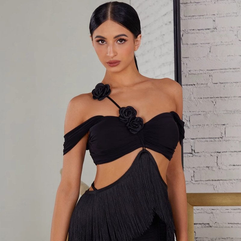 Black off shoulder fringe top, front view