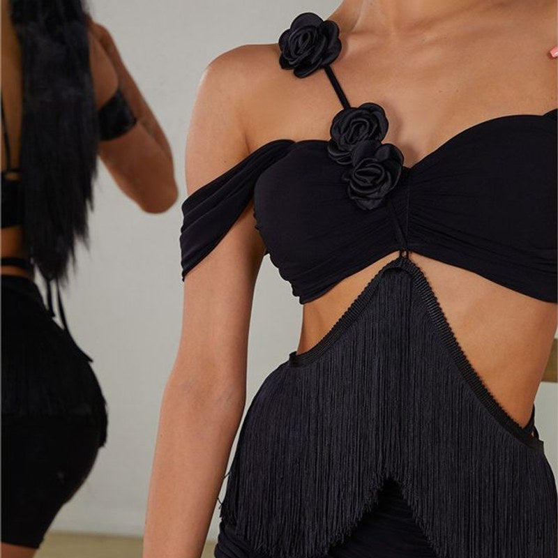 Black off shoulder fringe top, front close-up