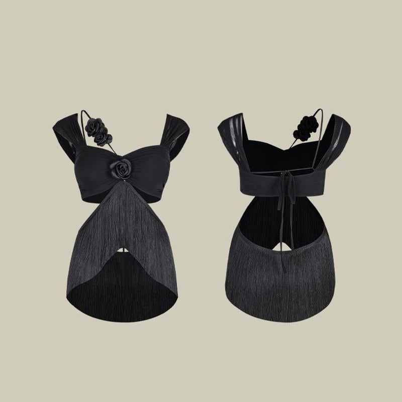 Black off shoulder fringe Latin dance top, flat lay front and back