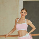 Pink halter bandeau Latin dance top for Latin practice, front view at the barre