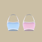 Light Blue, Pink halter bandeau Latin dance top, flat lay of both colours