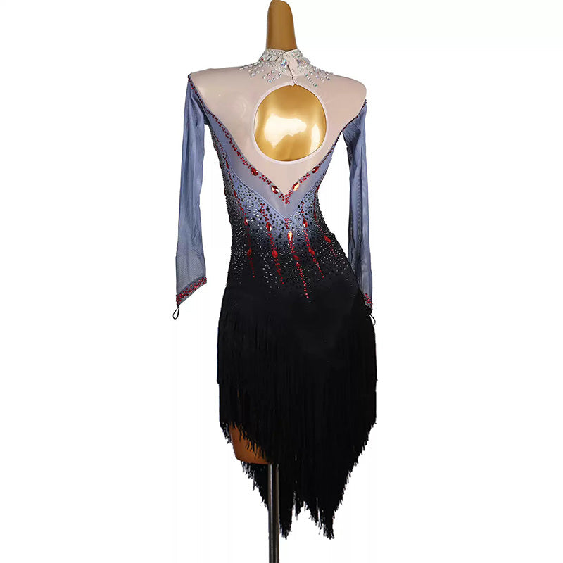 Black illusion long sleeve dress with red crystal drops, back view on mannequin