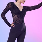 Latin Dance Leotard Flocked Lace Twist Front Long Sleeve Bodysuit, view 6