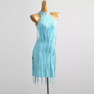 Aqua blue salsa dance dress with halter collar, keyhole and stoned tassel strands, front view