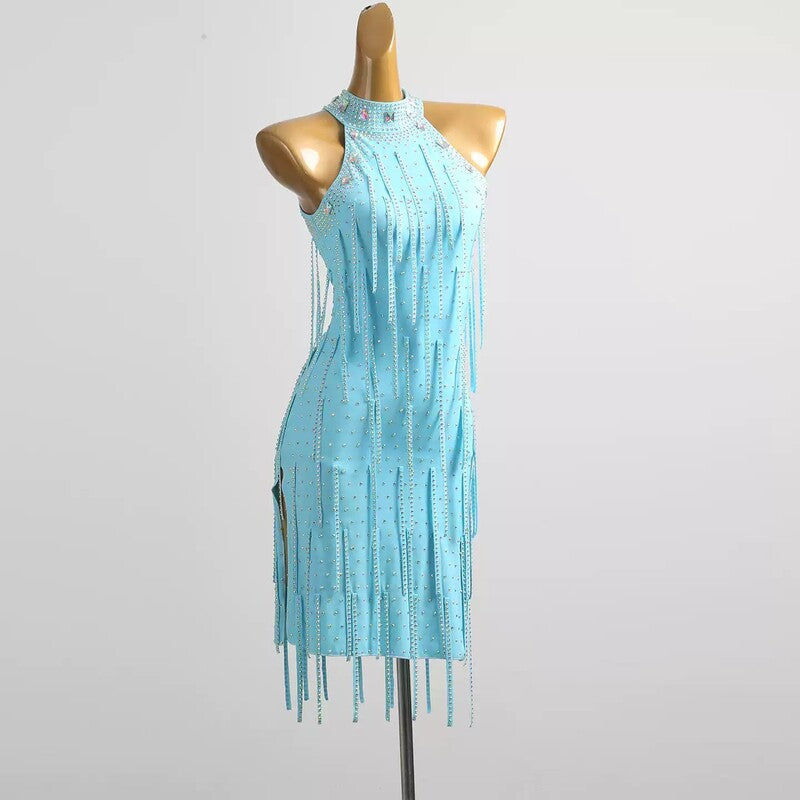 Aqua blue salsa dance dress with halter collar, keyhole and stoned tassel strands, front view