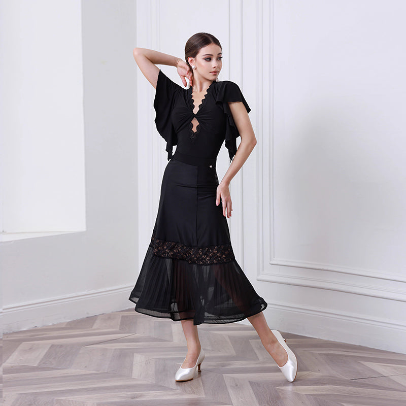Ballroom Dance Leotard Twist Front Flutter Sleeve Bodysuit, view 5