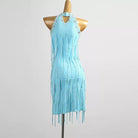 Aqua blue halter tassel dress, angled back view on mannequin