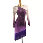 Purple latin salsa dance dress with nude illusion sleeves, gold stoning and gradient tassel hem, front view