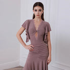 Ballroom Dance Leotard Flutter Sleeve Lace Inset Ruched Bodysuit, view 2