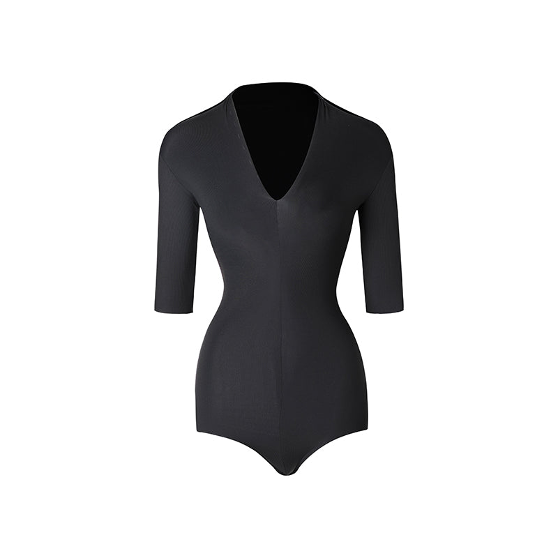 Latin Dance Leotard Half Sleeve Deep V Mock Neck Bodysuit, view 9
