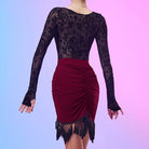 Latin Dance Leotard Flocked Lace Twist Front Long Sleeve Bodysuit, view 8