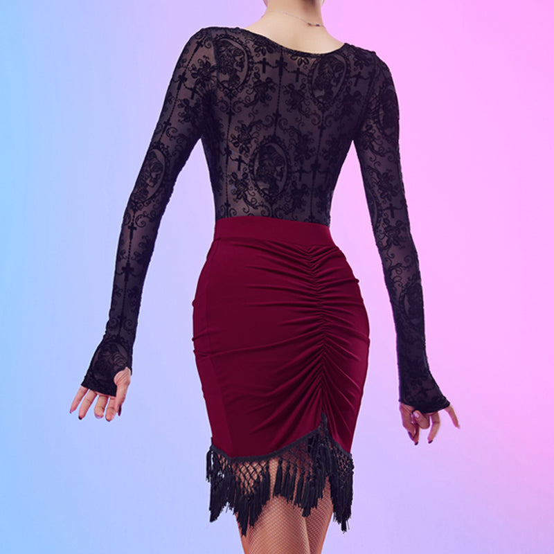 Latin Dance Leotard Flocked Lace Twist Front Long Sleeve Bodysuit, view 8