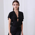 Ballroom Dance Leotard Twist Front Flutter Sleeve Bodysuit in Black, on model
