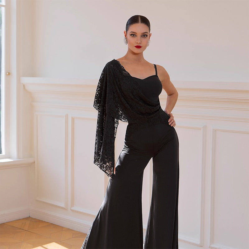 Ballroom Dance Leotard One Shoulder Lace Bell Sleeve Bodysuit, view 5