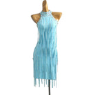 Aqua blue halter tassel dress, angled front view on mannequin