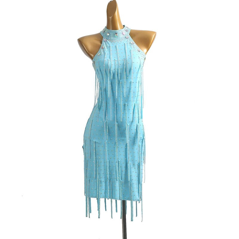Aqua blue halter tassel dress, angled front view on mannequin
