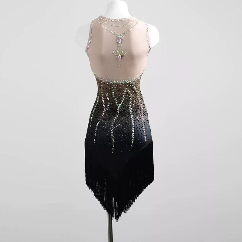 Black illusion yoke crystal drip dress, back view on mannequin