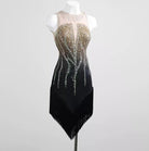 Black latin salsa dance dress with illusion yoke, silver crystal drip stoning and fringe hem, front view