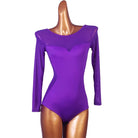 TTdancewear purple mesh long sleeve Latin dance leotard bodysuit, front view