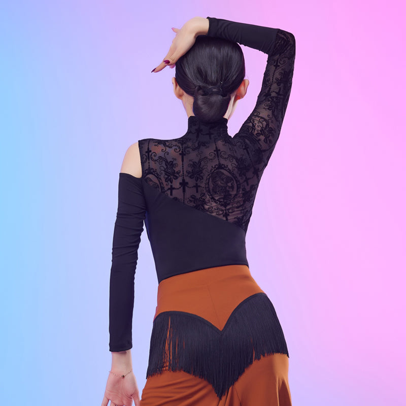 Latin Dance Leotard Flocked Lace Cold Shoulder Mock Neck Bodysuit, view 4